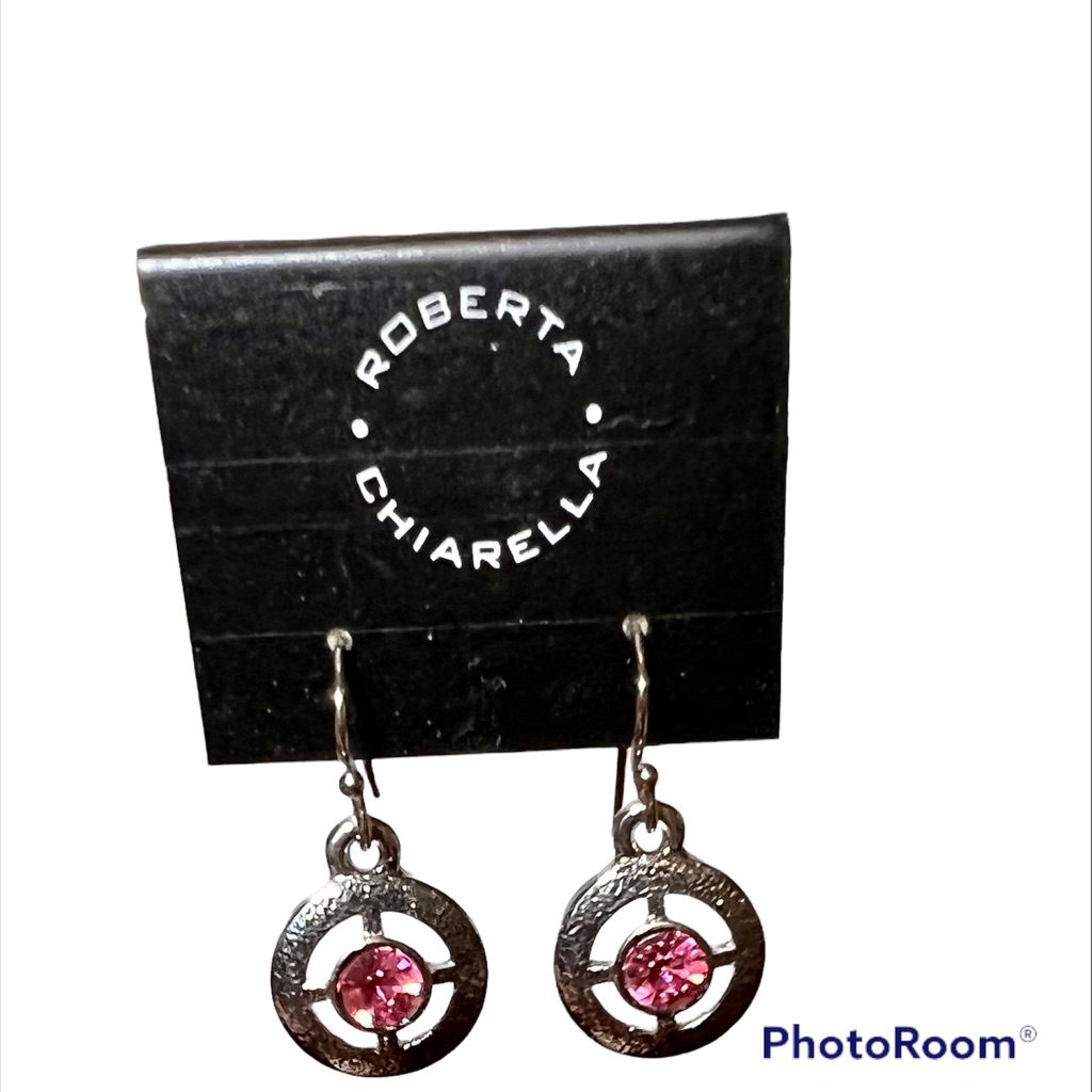 Roberta Chirarella Drop Earring, Silver Tone W/Pink Crystal Center 1/2” Nwt